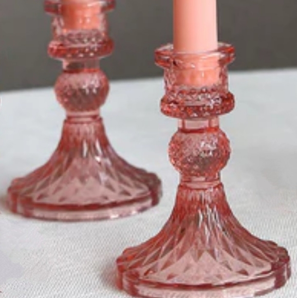 Pair Candy Pink Faceted Glass Candlesticks 2 Crystal Candle Holders Set Vintage - Picture 2 of 10